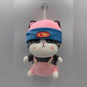 Grumpy I ❤️ You Gray Cat Plush In Pink Overalls And Pink & Blue Beanie Kawaii